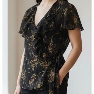 Lauren Ralph Lauren Wrap Blouse Women 10P Black Gold Floral Ruffle Metallic Tie